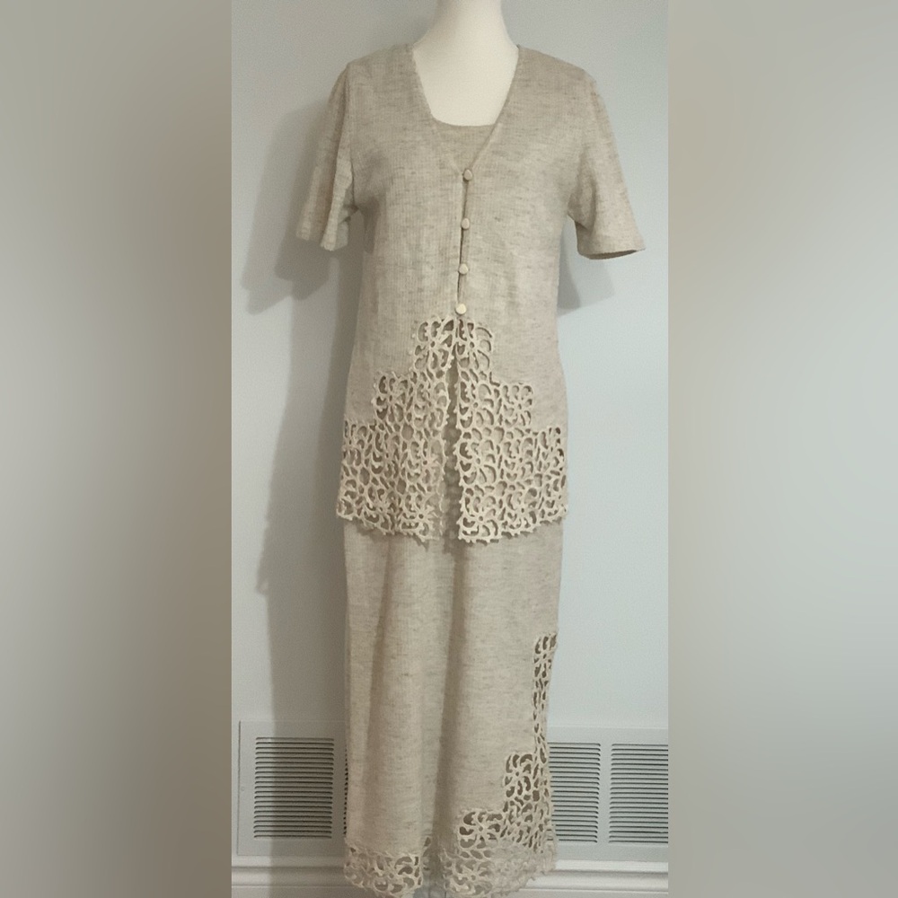 Handmade cream ribbed tank dress with matching button-front cardigan